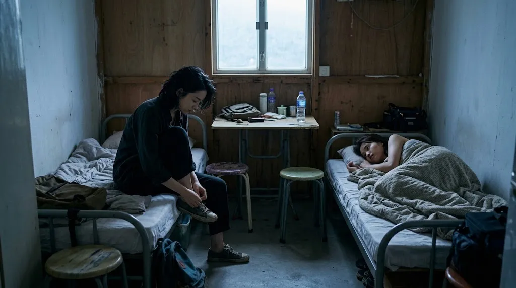Dawn in the shared guesthouse room on the reality show