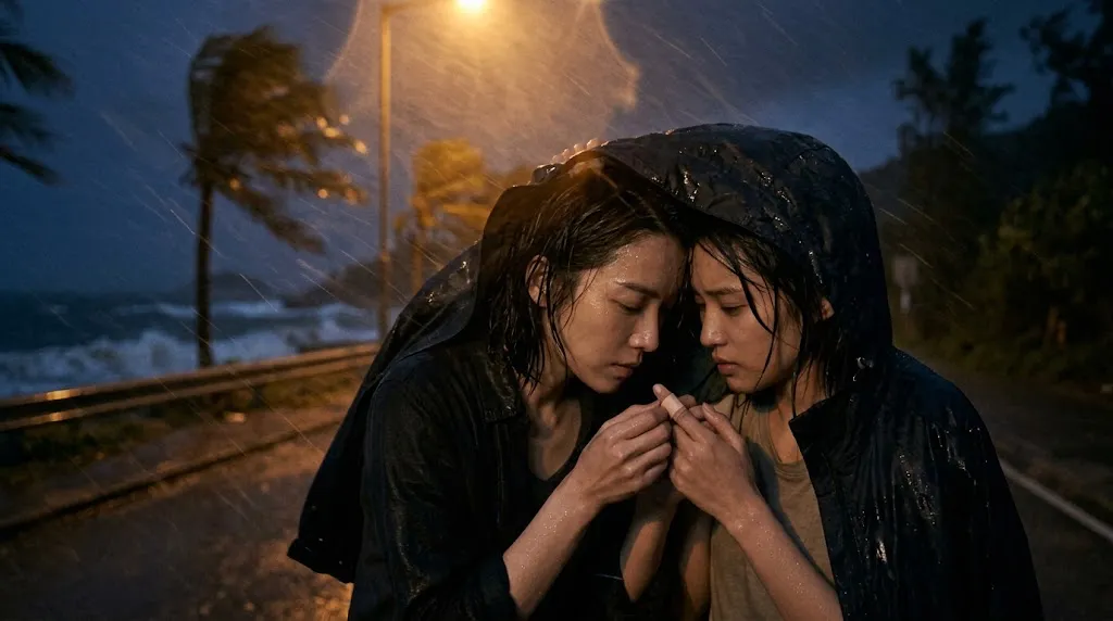 Song Jinyi and Wen Shu sheltering from the typhoon under one jacket