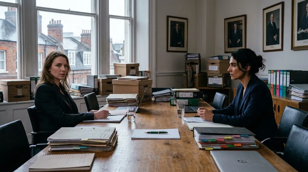 Harriet and Noor across the table as opposing counsel