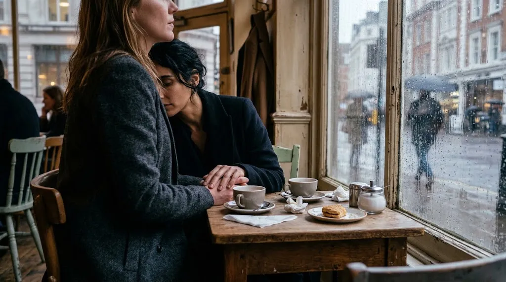 Two hands touching on a café table in the rain