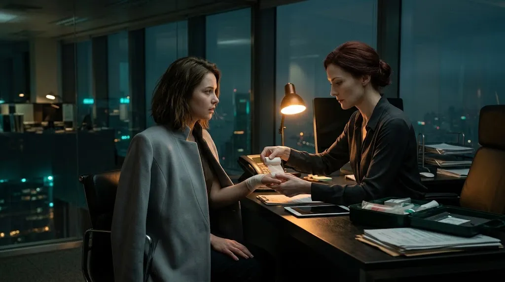 Director Arden bandages Ash's hand in her office at night