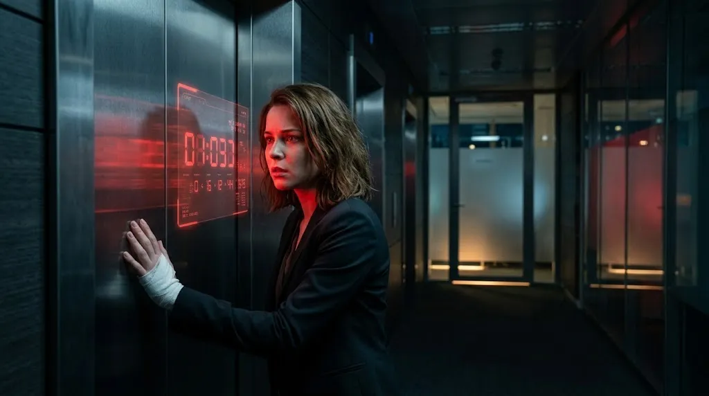 Ash in the dark corridor, lit by a red countdown