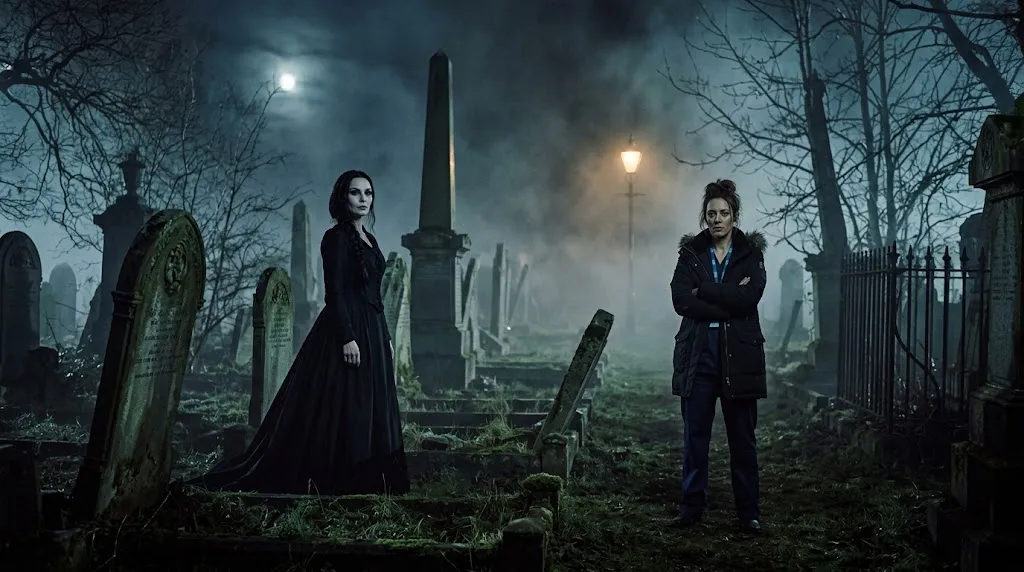 Ilse and Nell among the gravestones at night