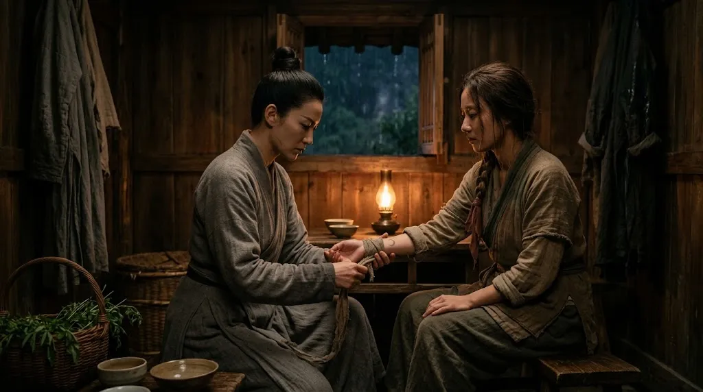 Lu Qingyan bandages Mo Ji's wrist and sees the crescent-moon mark