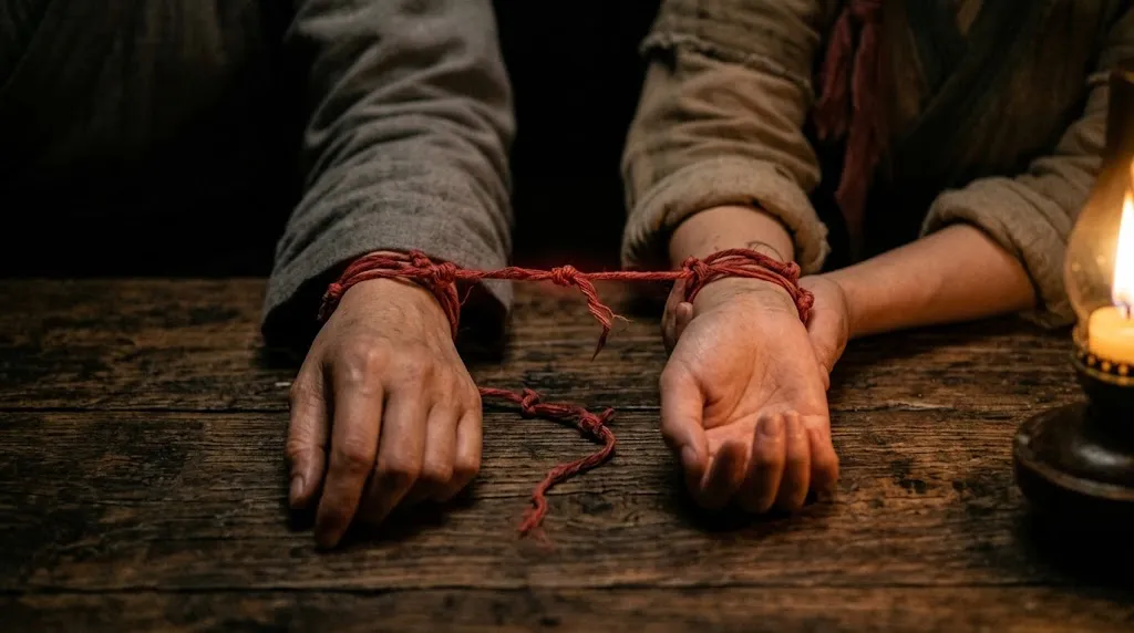 The knotted red thread of the life debt binding their wrists