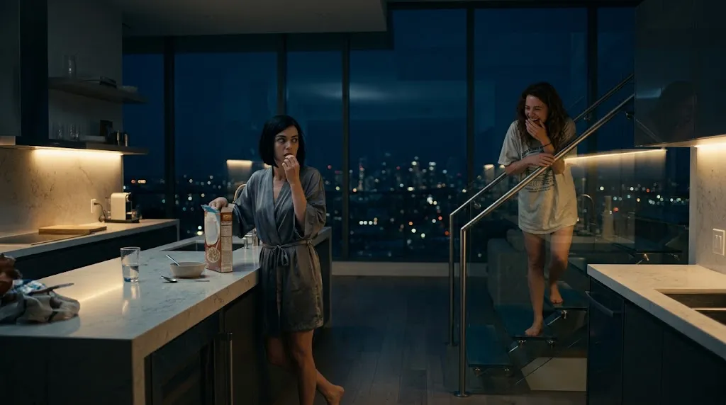 Vivian caught eating cereal from the box at 3 a.m. while June laughs on the stairs