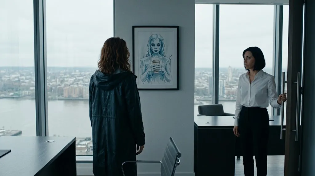 June finds her old drawing framed on the wall of Vivian's office