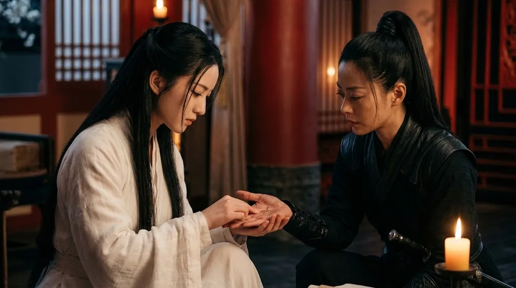 The princess writes a name on her shadow guard's palm