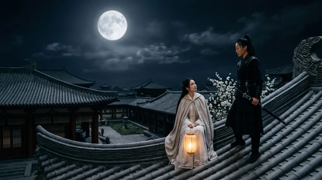 Princess and shadow guard on the palace roof under the moon