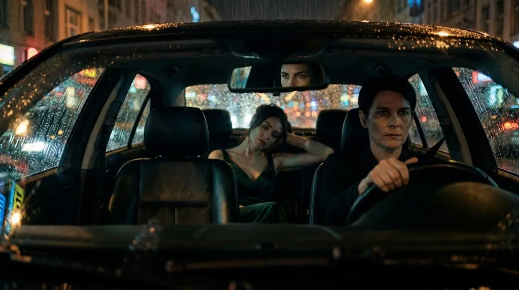 Rhea drives Isadora away from the gala through the rain