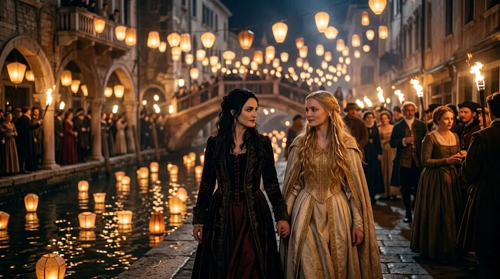 Seraphine and Saint Elodie walking side by side at the lantern festival