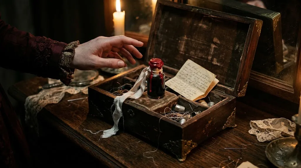 A poison bottle tied with a white ribbon, hidden in a sewing box